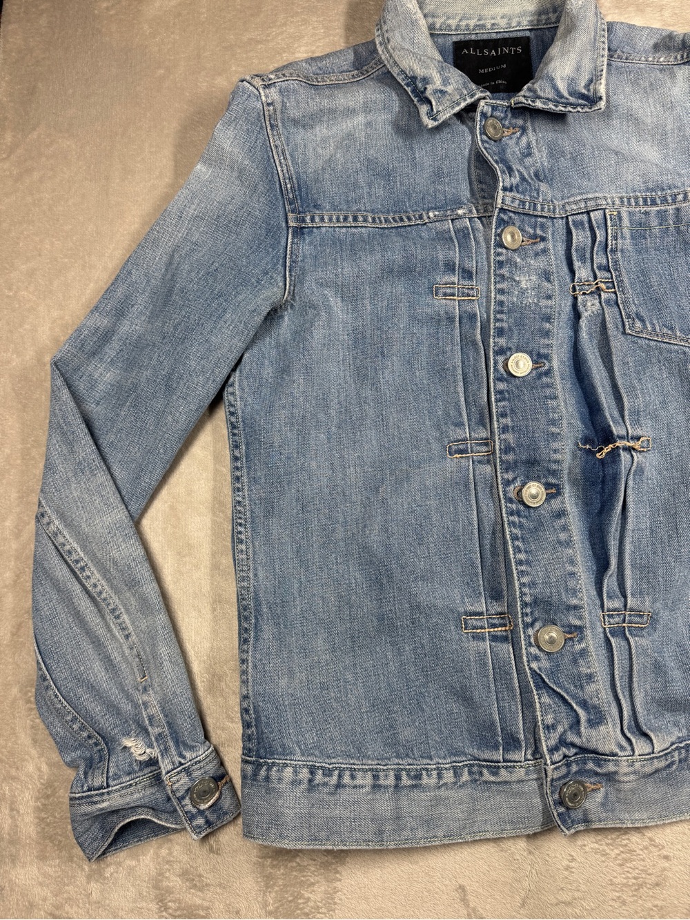 All Saints Men’s 100% Cotton Distressed Denim Blue Jean Button Jacket Size M - Picture 6 of 17